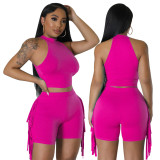 Women Sleeveless Round Neck Top and Tassel Shorts Casual Two-Piece Set