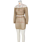 Women Summer Knitting Hollow Lace-Up Beach Skirt Two-Piece Set