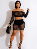 Women Summer Knitting Hollow Lace-Up Beach Skirt Two-Piece Set