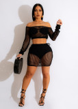 Women Summer Knitting Hollow Lace-Up Beach Skirt Two-Piece Set