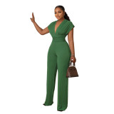 Women Solid V-neck Slim Short Sleeve Jumpsuit