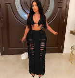 Summer Women sexy tassel knitting beach dress two-piece set