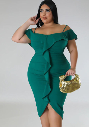Plus Size Women Solid Off Shoulder Midi Dress