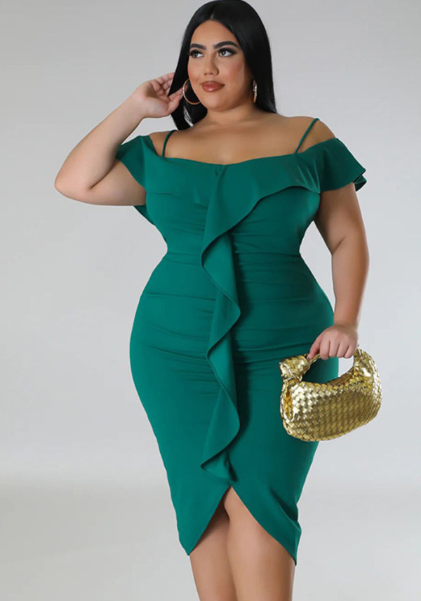 Plus Size Women Solid Off Shoulder Midi Dress
