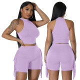 Women Sleeveless Round Neck Top and Tassel Shorts Casual Two-Piece Set