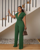 Women Solid V-neck Slim Short Sleeve Jumpsuit