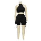 Women Sleeveless Round Neck Top and Tassel Shorts Casual Two-Piece Set