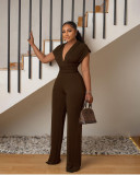 Women Solid V-neck Slim Short Sleeve Jumpsuit
