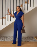 Women Solid V-neck Slim Short Sleeve Jumpsuit