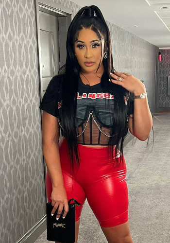 Summer Fashion Irregular Mesh Patchwork Letter Print Short Chain T-Shirt