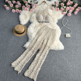Sexy suspenders Halter Neck vest women's summer suit high waist hollow trousers two-piece set