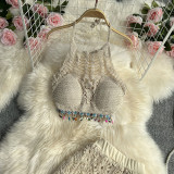 Sexy suspenders Halter Neck vest women's summer suit high waist hollow trousers two-piece set