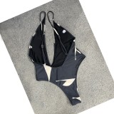sexy simple print hollowed out slanted shoulder one-piece bikini swimsuit