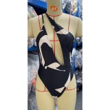 sexy simple print hollowed out slanted shoulder one-piece bikini swimsuit