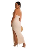 Sleeveless Chic Slit Knitting Dress Women's Cutout Halter Neck Strap Sexy Low Back Cheongsam