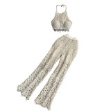 Sexy suspenders Halter Neck vest women's summer suit high waist hollow trousers two-piece set