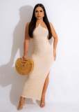 Sleeveless Chic Slit Knitting Dress Women's Cutout Halter Neck Strap Sexy Low Back Cheongsam