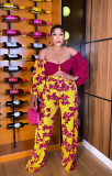 Patchwork Off Shoulder Long Sleeve Fashion High Waist Print Hollow Out Casual Jumpsuit