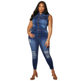 Sexy Fashion Denim Ripped Sleeveless Jumpsuit