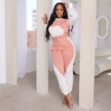 Women'S Patchwork Contrasting Hoodie Sport Casual Two Piece Pants Set