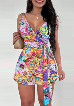 Spring Summer Print Straps Belted Vestshorts Two Piece Set