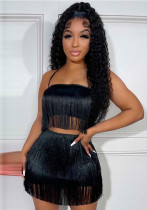 Sexy Nightclub Straps Tassel Top Short Skirt Two-Piece Set