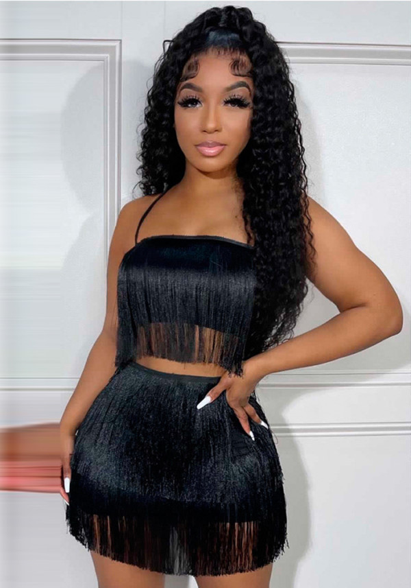 Sexy Nightclub Straps Tassel Top Short Skirt Two-Piece Set