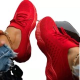 Large size sports shoes women's thick-soled solid color lace-up flying woven slip-on old shoes wish cross-border