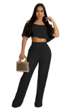 Women'S Solid Color Off-Shoulder Top Bell Bottom Pants Two-Piece Set