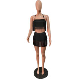 Sexy Nightclub Straps Tassel Top Short Skirt Two-Piece Set