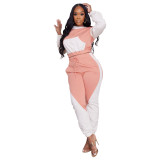 Women'S Patchwork Contrasting Hoodie Sport Casual Two Piece Pants Set