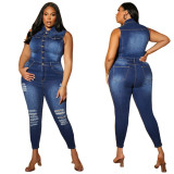 Sexy Fashion Denim Ripped Sleeveless Jumpsuit