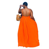 Sexy Solid Color Straps Backless Swing Dress Nightclub Maxi Dress