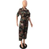 Women Camouflage Print Pocket Turndown Collar Jumpsuit