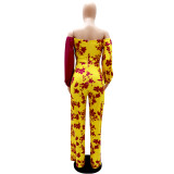 Patchwork Off Shoulder Long Sleeve Fashion High Waist Print Hollow Out Casual Jumpsuit