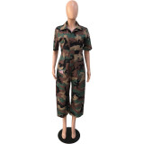 Women Camouflage Print Pocket Turndown Collar Jumpsuit