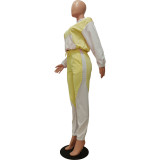 Women'S Patchwork Contrasting Hoodie Sport Casual Two Piece Pants Set