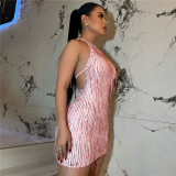 Women Sexy Halter Neck Backless Sequined Tassel Dress