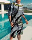 Men's Casual Colorblock Print Short Sleeve T-Shirt and Shorts Two-Piece Set