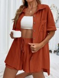 Women Solid Short Sleeve Shirt and Shorts Two-Piece Set