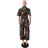 Women Camouflage Print Pocket Turndown Collar Jumpsuit