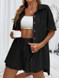 Women Solid Short Sleeve Shirt and Shorts Two-Piece Set