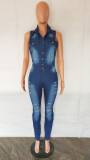Sexy Fashion Denim Ripped Sleeveless Jumpsuit