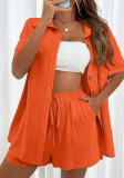 Women Solid Short Sleeve Shirt and Shorts Two-Piece Set