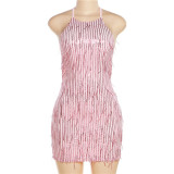 Women Sexy Halter Neck Backless Sequined Tassel Dress