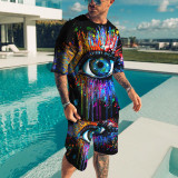 Men's Casual Colorblock Print Short Sleeve T-Shirt and Shorts Two-Piece Set