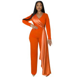 Women Long Sleeve V-Neck Slim Jumpsuit