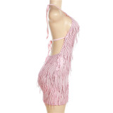 Women Sexy Halter Neck Backless Sequined Tassel Dress