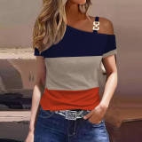 Women summer simple short-sleeved metal button printed T-shirt