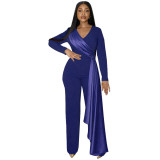 Women Long Sleeve V-Neck Slim Jumpsuit